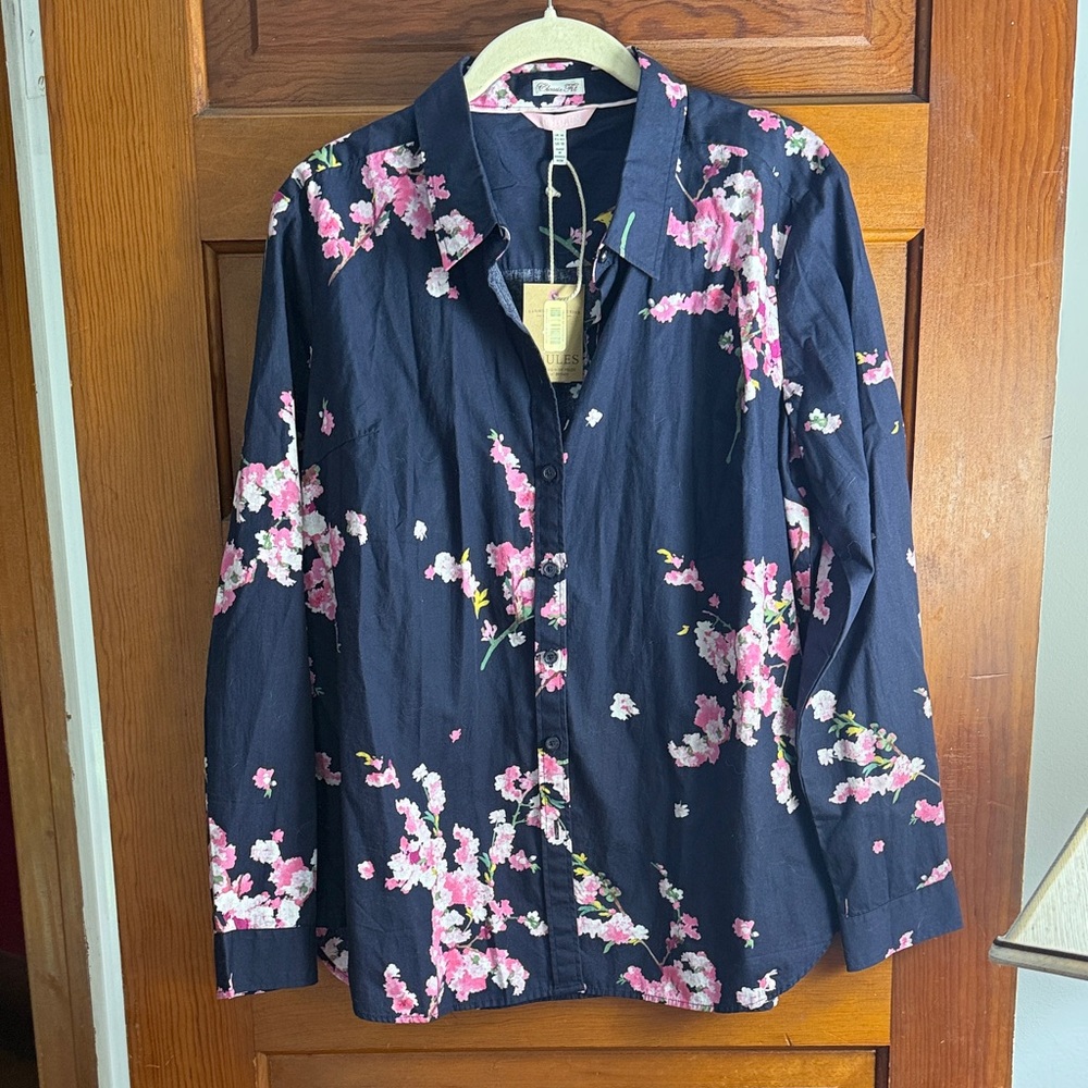 Joules Navy Button-Down Shirt with Pink Floral Print